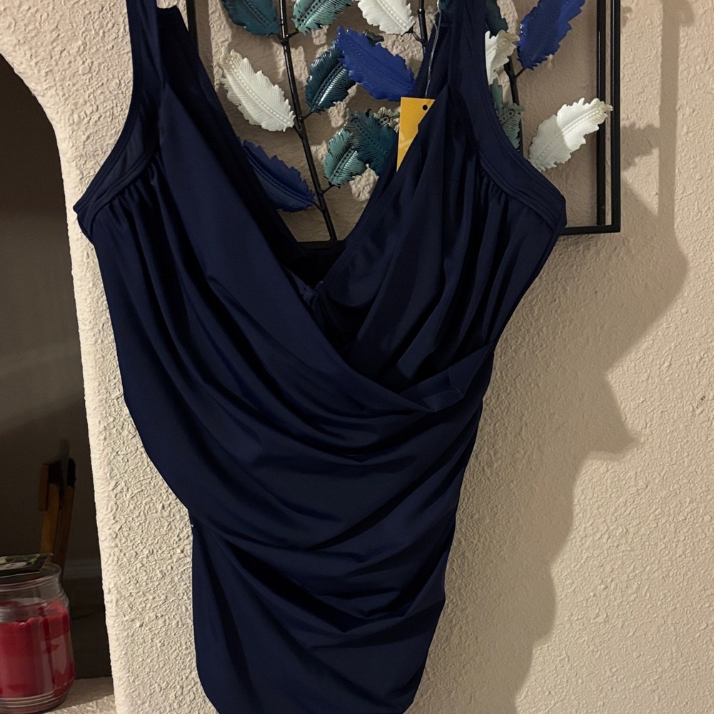 Navy Draped 42DD one piece swimsuit. NWT